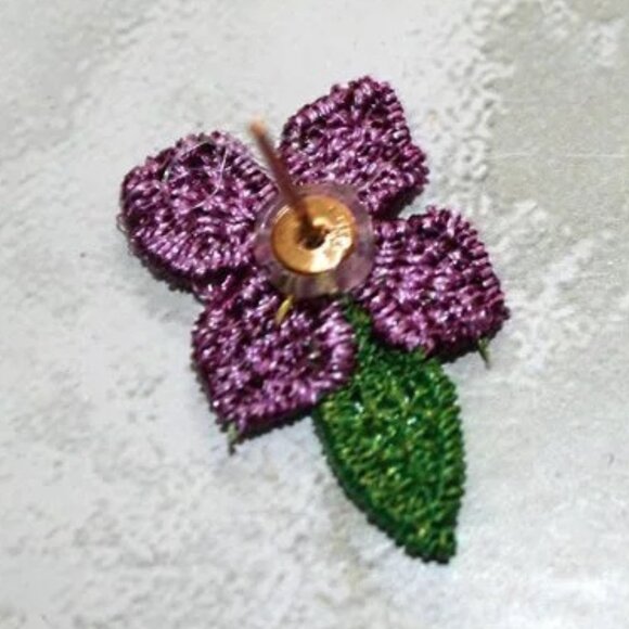 HAND CRAFTED Earrings Violet Floral Embroidered Spring Easter Pierced Purple Set - Picture 2 of 8